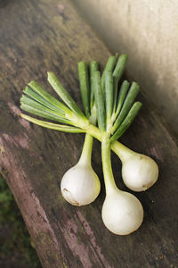 High angle view of white onions on wooden bench