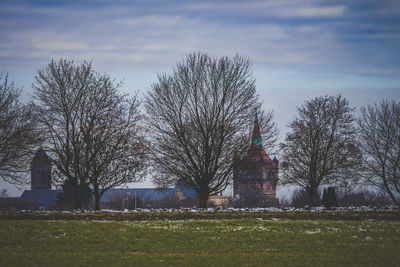 Bare trees on field against cloudy sky