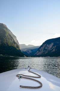 Scenic view of lake by mountains against sky