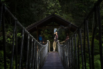 Rear view of footbridge amidst trees in forest