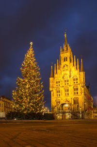 Illuminated christmas tree outside city hall at night