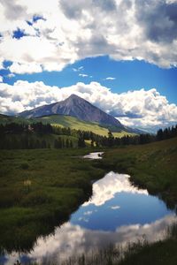 Scenic view of lake against cloudy sky