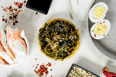 High angle view of breakfast served on table