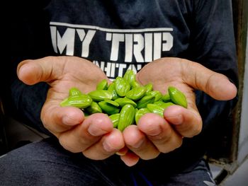 Midsection of man holding vegetables