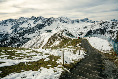 Scenic view of snow covered mountains against sky