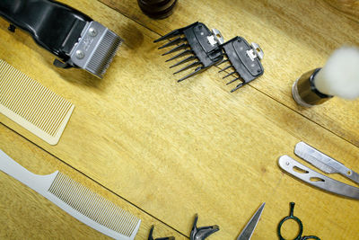 High angle view of equipment on table