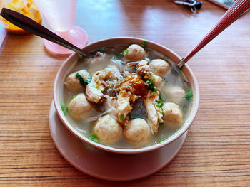 High angle view of food in bowl on table