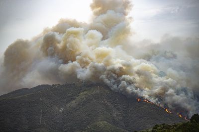 Smoke emitting from forest fire in mountain