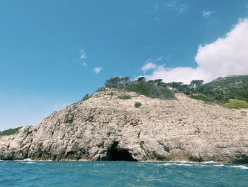Rock formations by sea against sky