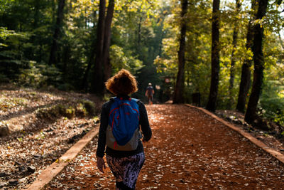 Rear view of woman walking in forest