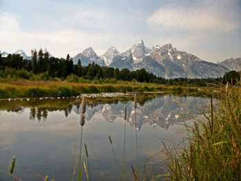 Scenic view of lake and mountains against sky