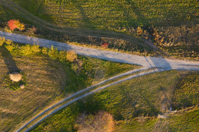 High angle view of road amidst field