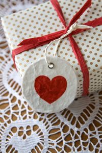 High angle view of heart shape label on gift box