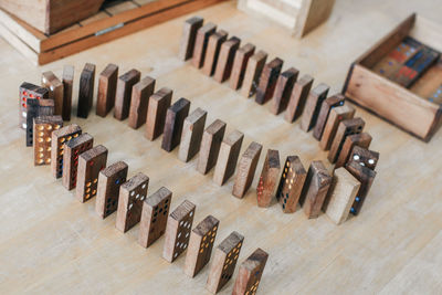 High angle view of wooden block shape on table