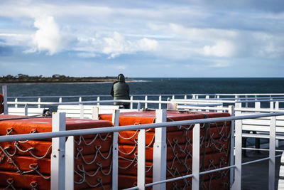 Rear view of man standing by railing against sea