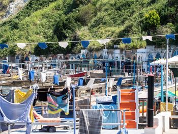 High angle view of boats moored on beach