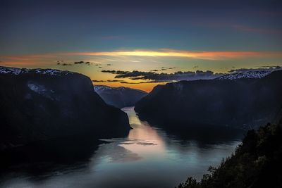 Scenic view of mountains against sky during sunset