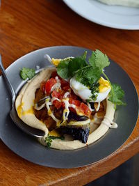 High angle view of food in plate on table