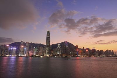 Illuminated city buildings against sky