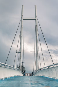 View of suspension bridge against cloudy sky