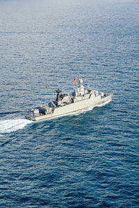 High angle view of people on boat sailing in sea