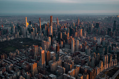 High angle view of modern buildings in city