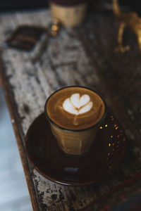 High angle view of cappuccino on table