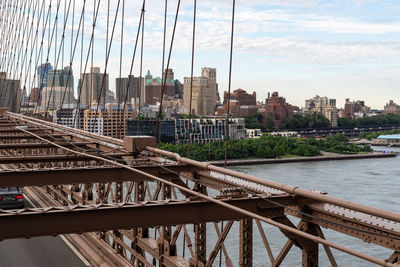 Bridge over river by buildings in city against sky