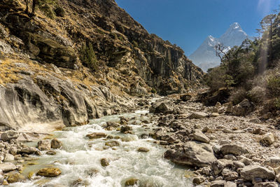 Scenic view of waterfall against sky