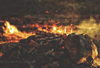 Close-up of bonfire at sunset