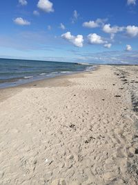 Scenic view of beach against cloudy sky