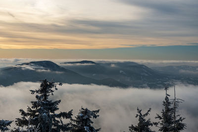 Scenic view of mountains against sky during sunset