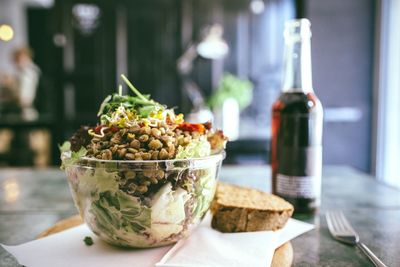 Close-up of salad in bowl on table