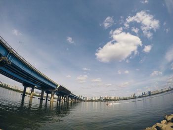 Bridge over river against sky in city