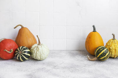 Pumpkin decor on the table over white tile background. fall season greeting card.