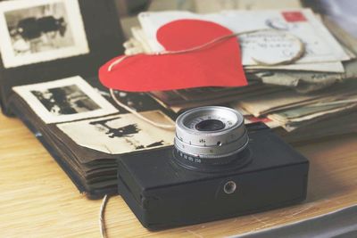 High angle view of camera on table