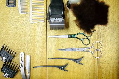 High angle view of objects on table