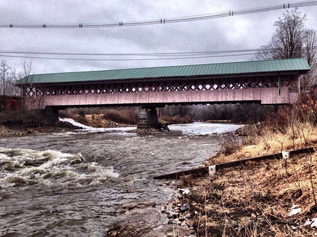 built structure, connection, architecture, sky, bridge - man made structure, cloud - sky, water, river, nature, abandoned, tree, day, outdoors, no people, building exterior, cloudy, bridge, cloud, wood - material, old