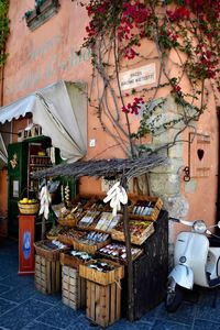 View of market stall against building