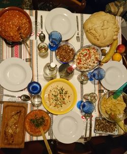 High angle view of food served on table