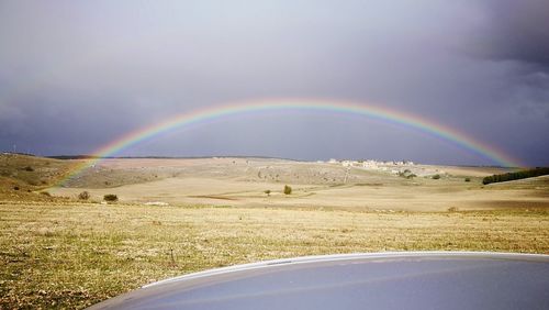 Scenic view of rainbow over field against sky