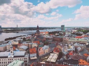 High angle view of buildings in city