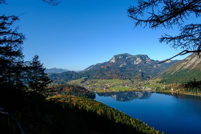 Scenic view of lake and mountains against clear blue sky