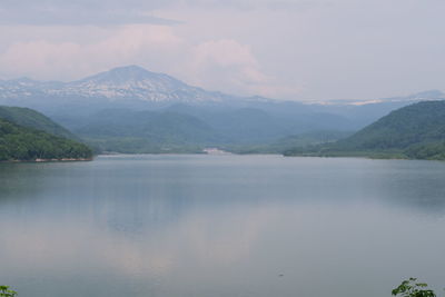 Scenic view of lake and mountains against sky