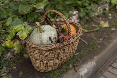 High angle view of food in wicker basket