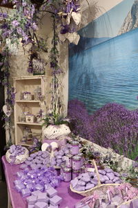 Purple flowering plants on table by lake