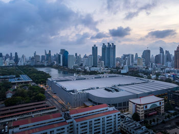 Aerial cityscape at dawn, residential buildings and business skyscraper, bangkok downtown city