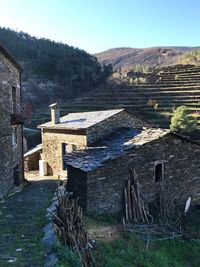 Built structure on landscape against clear sky