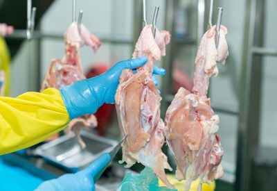 Hand hold knife cutting raw chicken on conveyor chain in modern poultry factory.