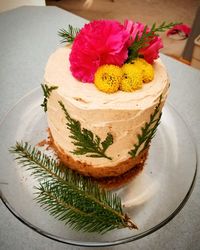 High angle view of cake in plate on table